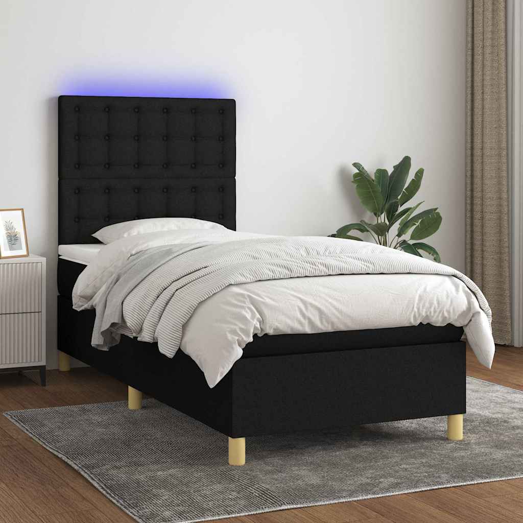 fekete szövet rugós és LED-es ágy matraccal 100x200 cm