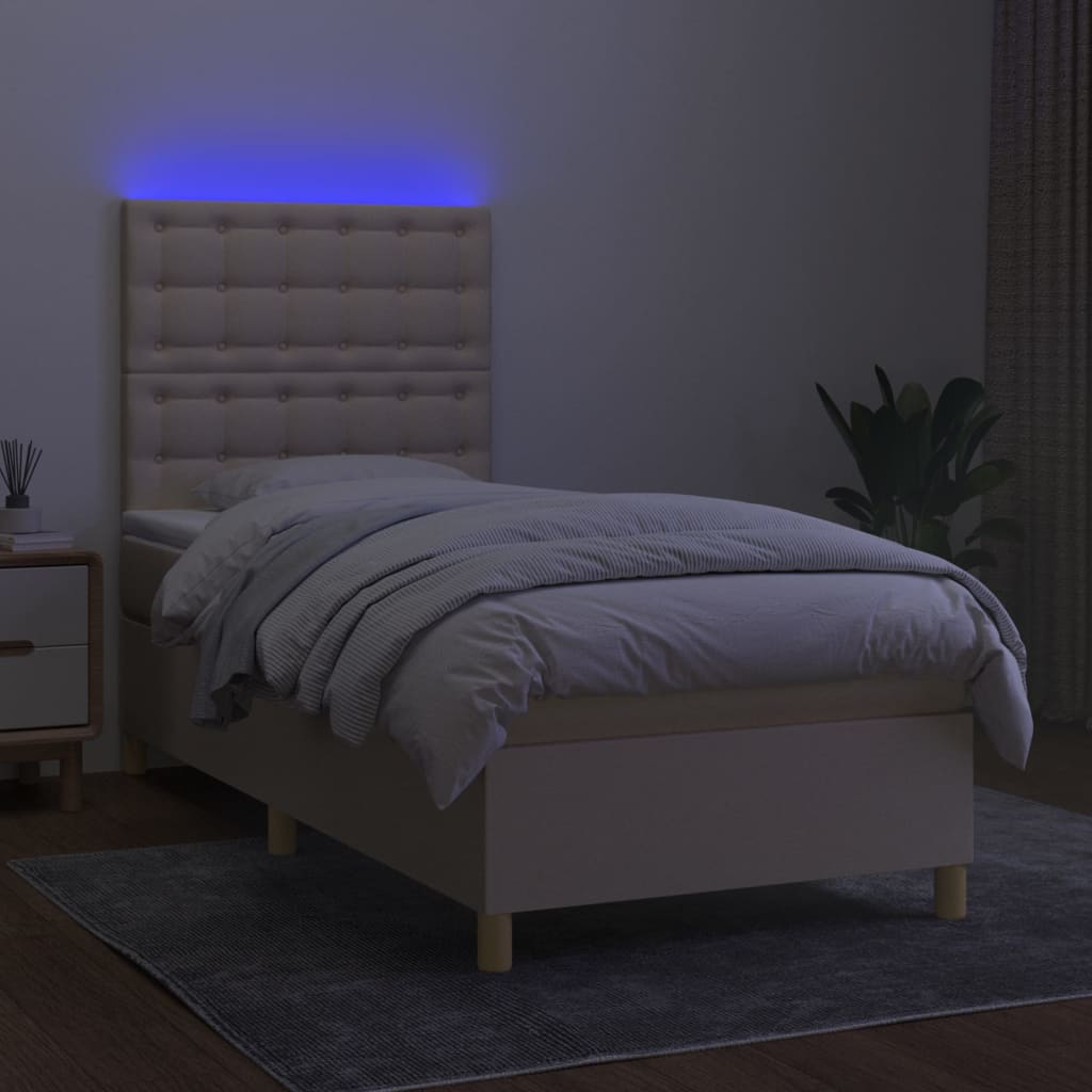 krémszínű szövet rugós és LED-es ágy matraccal 100x200 cm