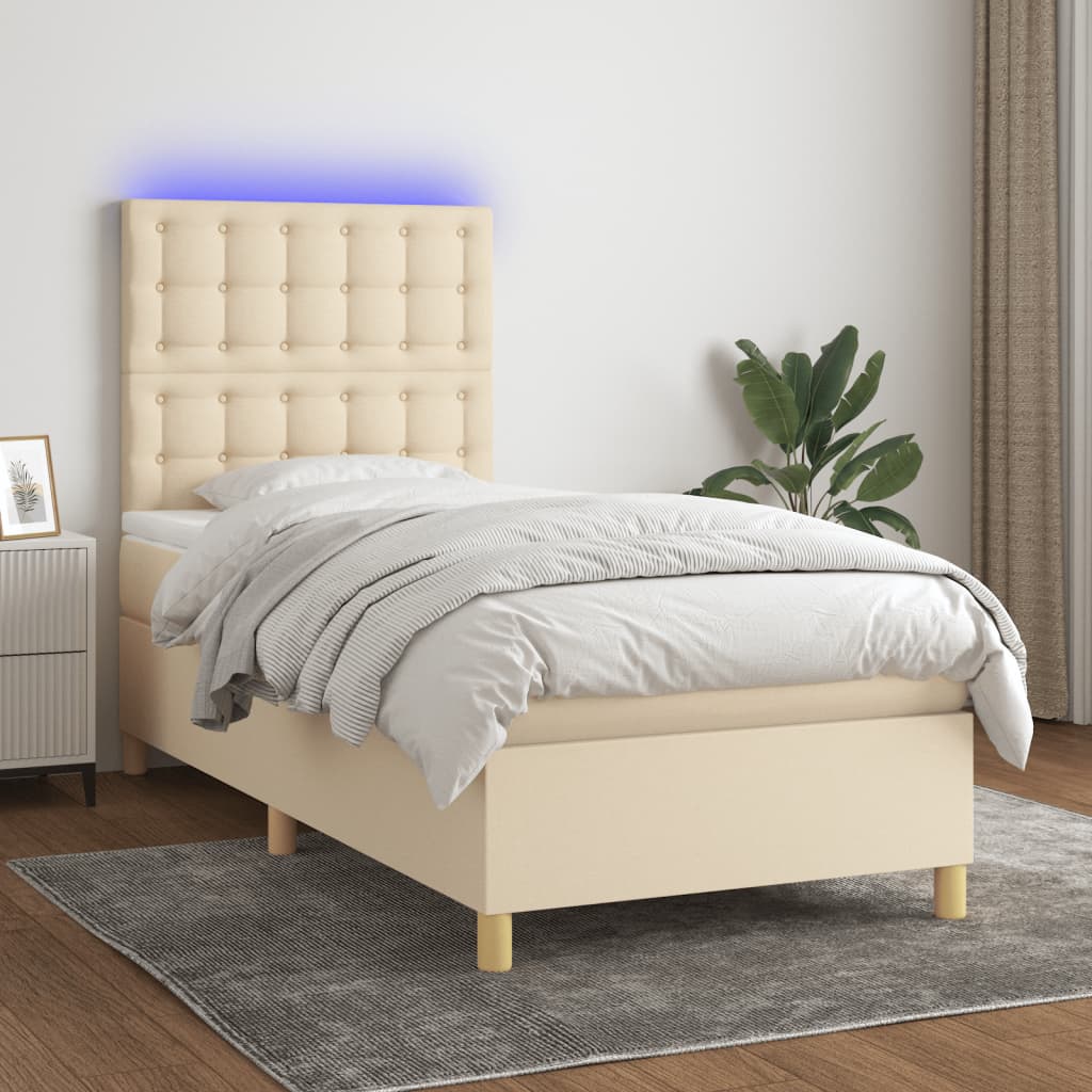 krémszínű szövet rugós és LED-es ágy matraccal 100x200 cm