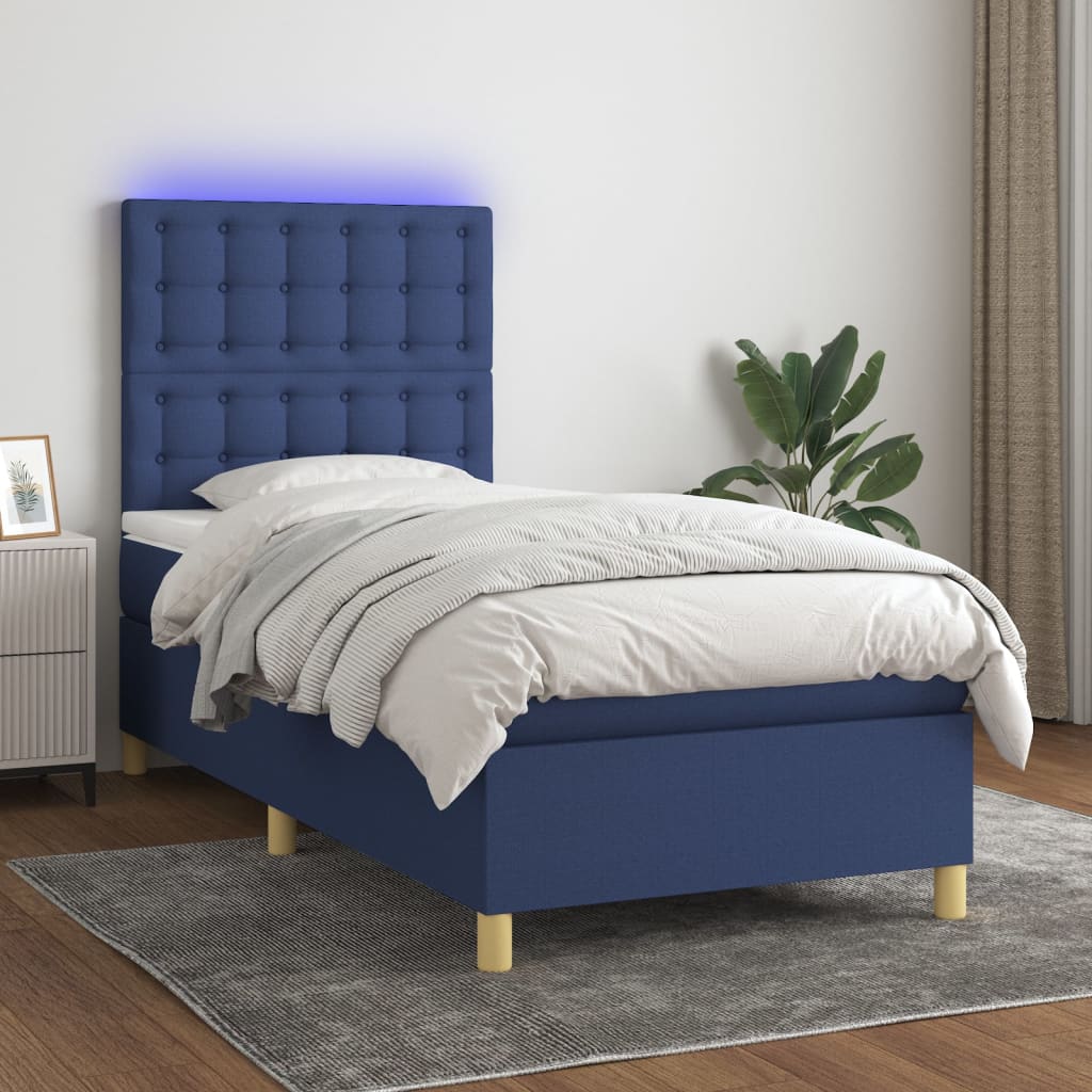 kék szövet rugós és LED-es ágy matraccal 100x200 cm