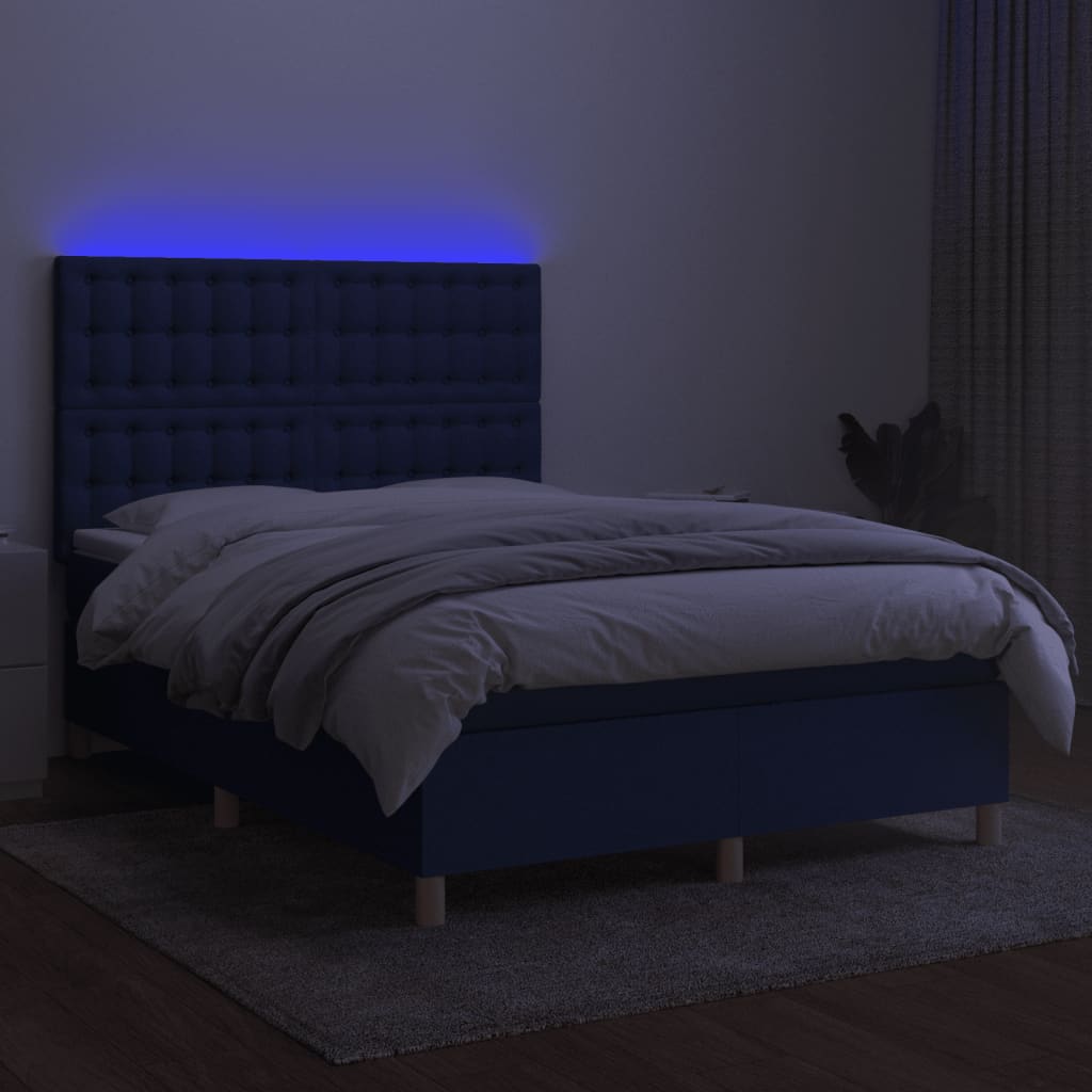 kék szövet rugós és LED-es ágy matraccal 140x200 cm