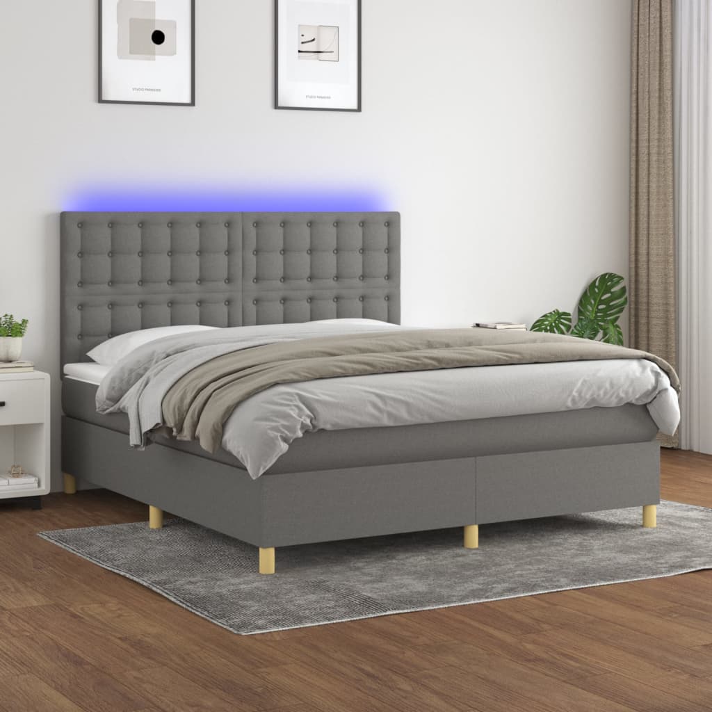 sötétszürke szövet rugós és LED-es ágy matraccal 160x200 cm