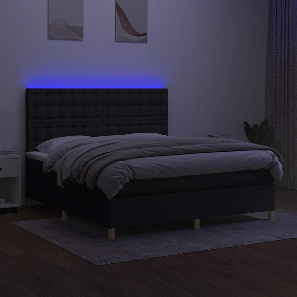 fekete szövet rugós és LED-es ágy matraccal 180 x 200 cm