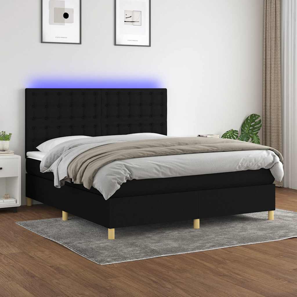fekete szövet rugós és LED-es ágy matraccal 180 x 200 cm