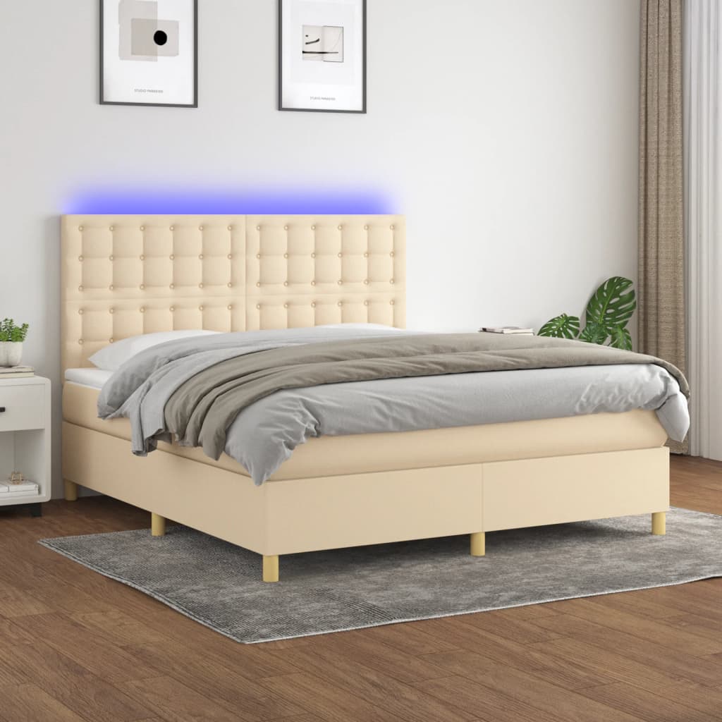 krémszínű szövet rugós és LED-es ágy matraccal 180 x 200 cm