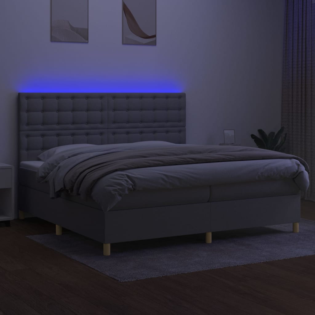 világosszürke szövet rugós és LED-es ágy matraccal 200x200 cm