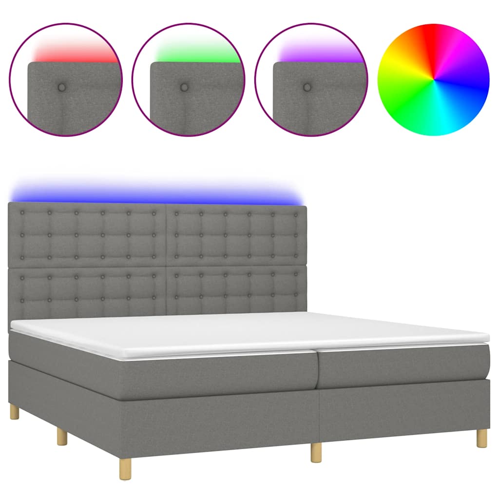 sötétszürke szövet rugós és LED-es ágy matraccal 200x200 cm