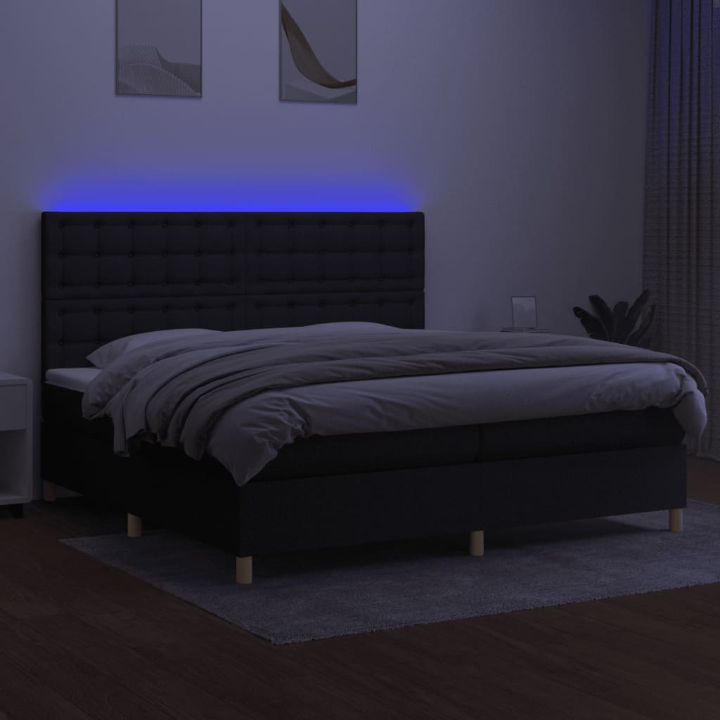fekete szövet rugós és LED-es ágy matraccal 200x200 cm