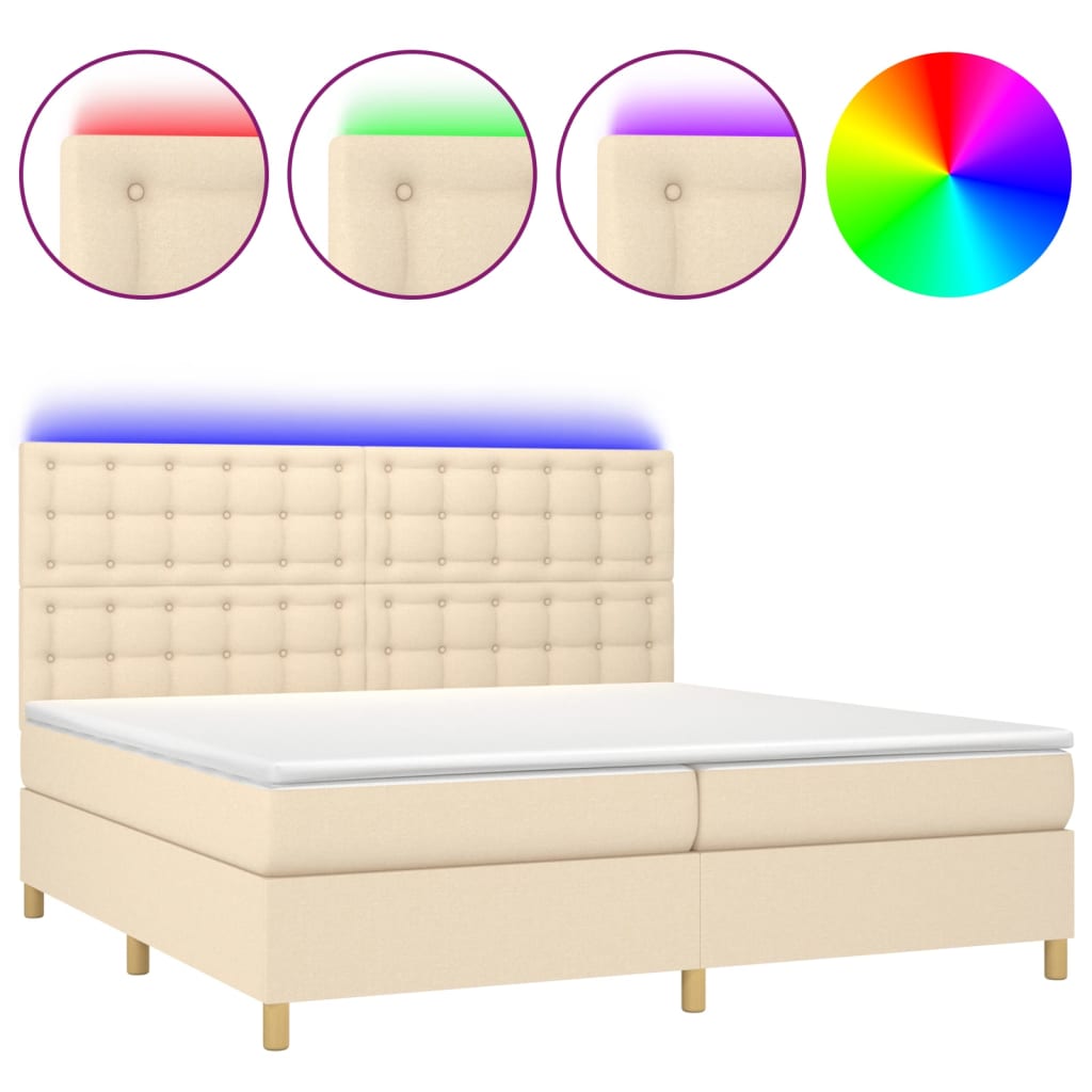 krémszínű szövet rugós és LED-es ágy matraccal 200 x 200 cm