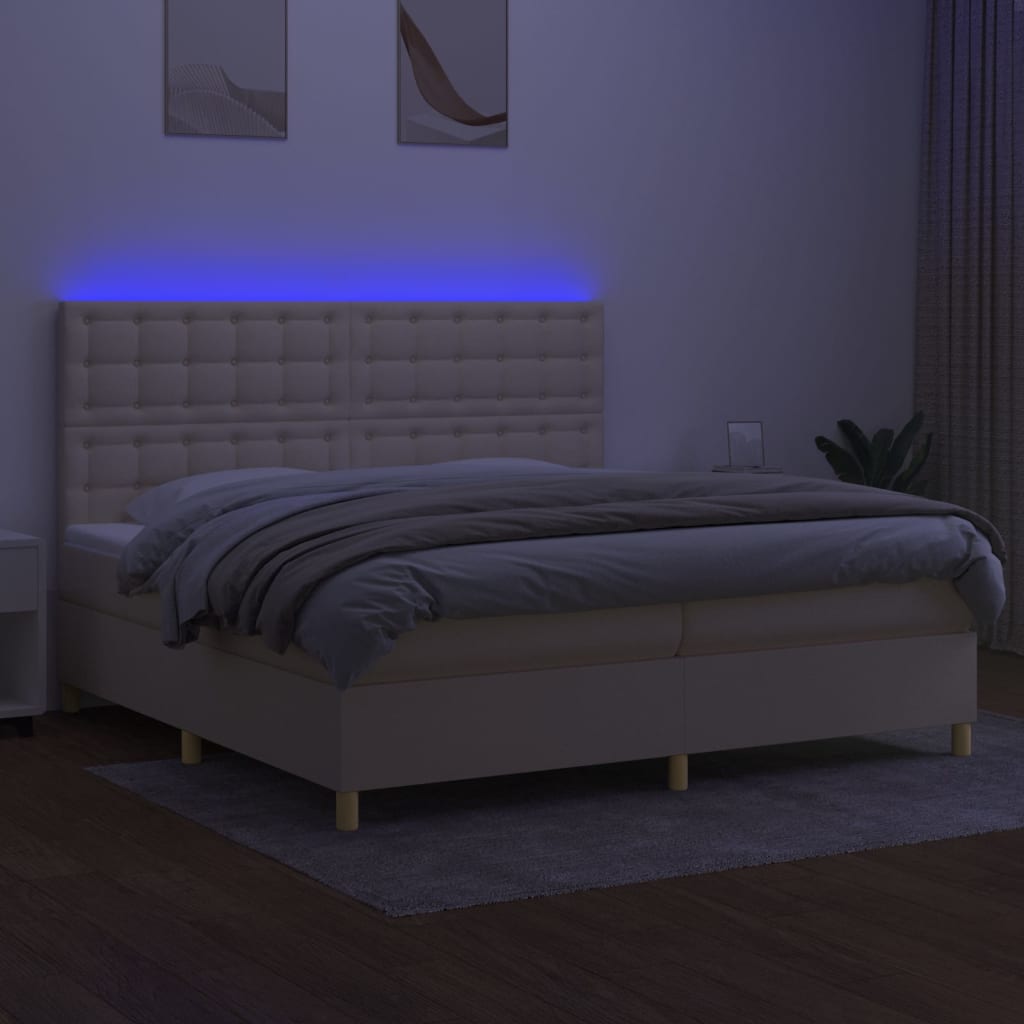krémszínű szövet rugós és LED-es ágy matraccal 200 x 200 cm