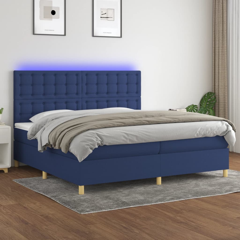kék szövet rugós és LED-es ágy matraccal 200 x 200 cm