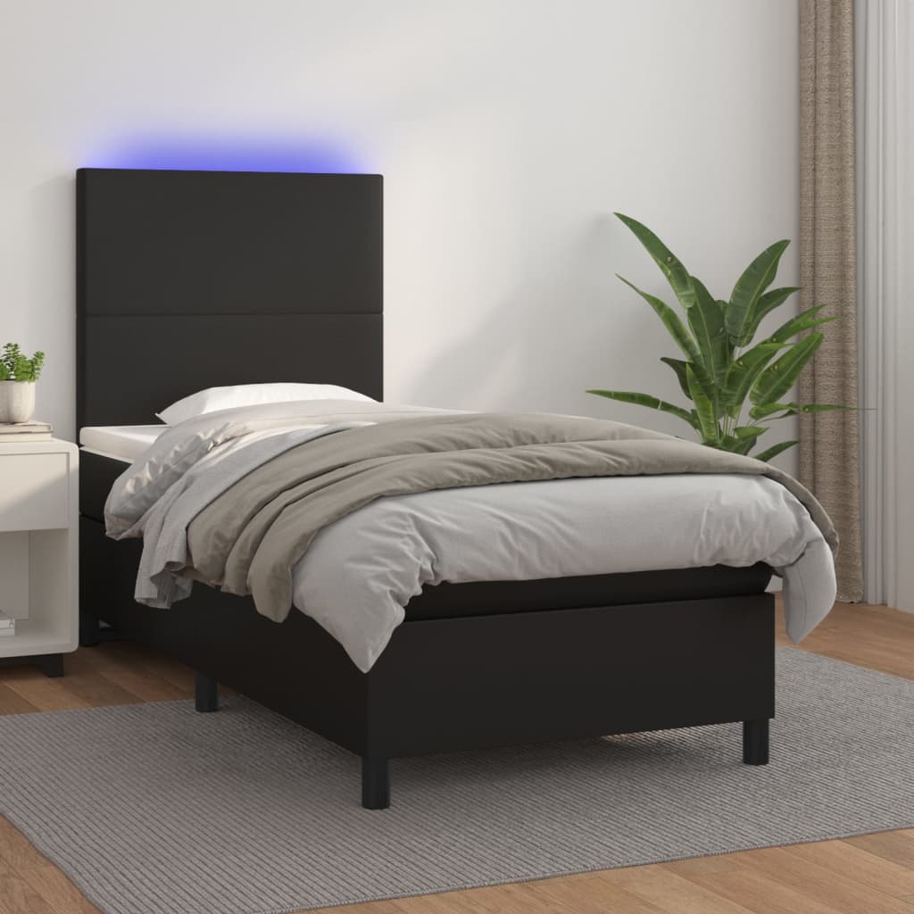 fekete műbőr rugós ágy matraccal és LED-del 80 x 200 cm