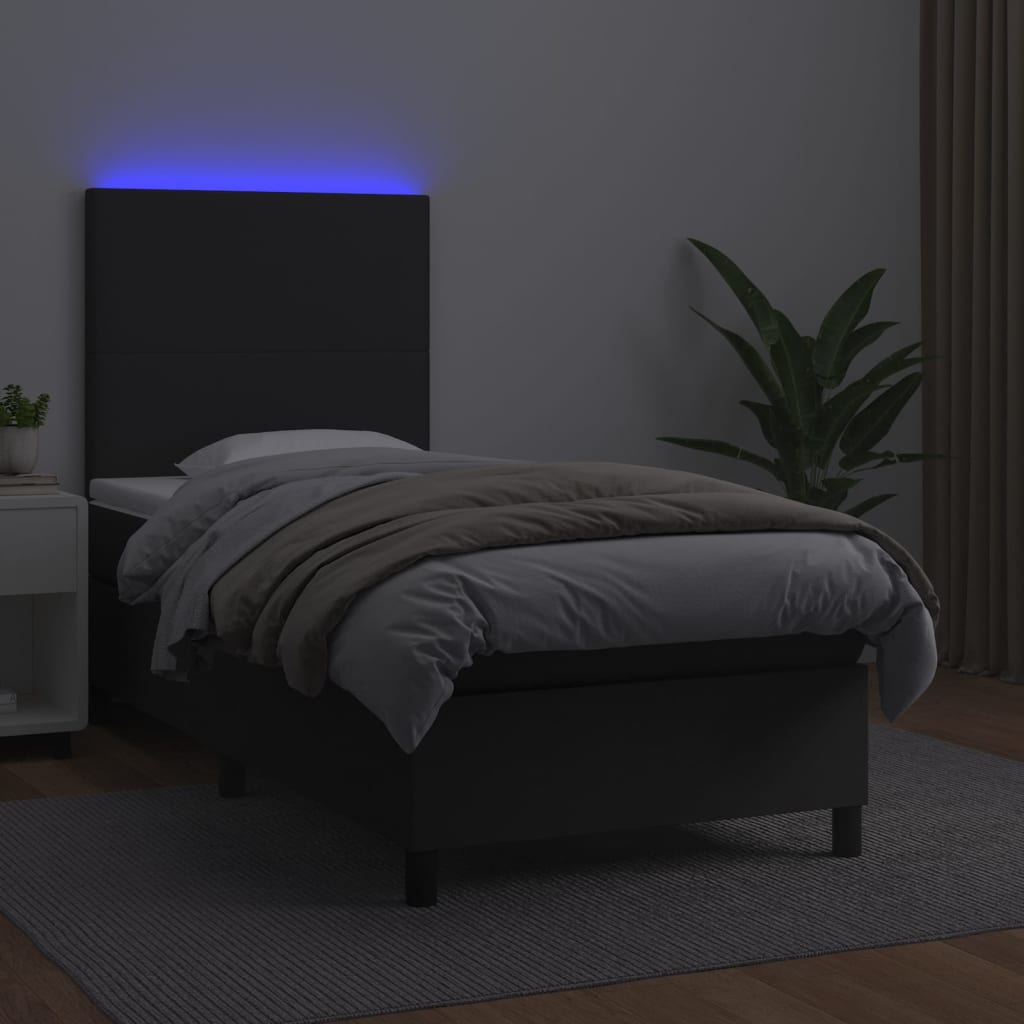 fekete műbőr rugós ágy matraccal és LED-del 90x190 cm