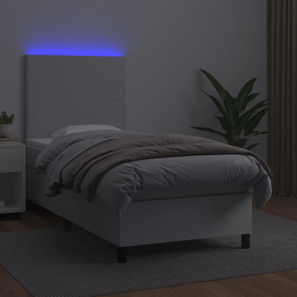 fehér műbőr rugós ágy matraccal és LED-del 90x190 cm