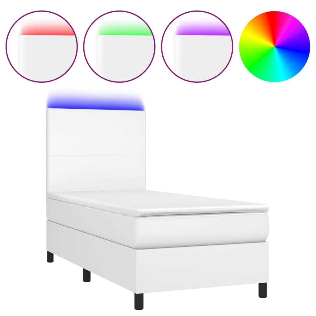 fehér műbőr rugós ágy matraccal és LED-del 90x200 cm