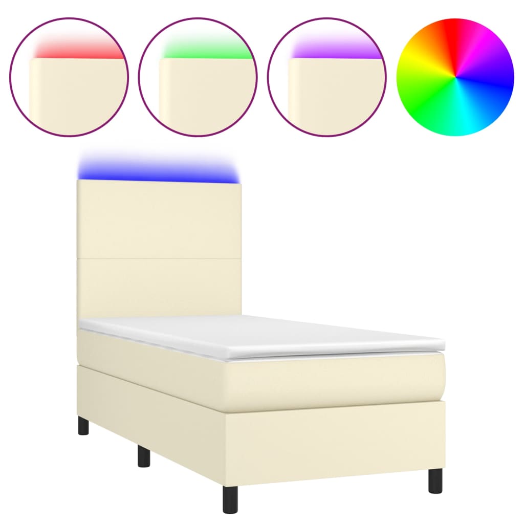 krémszínű műbőr rugós ágy matraccal és LED-del 100x200 cm