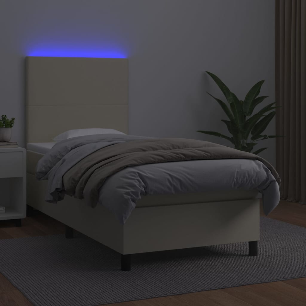 krémszínű műbőr rugós ágy matraccal és LED-del 100x200 cm
