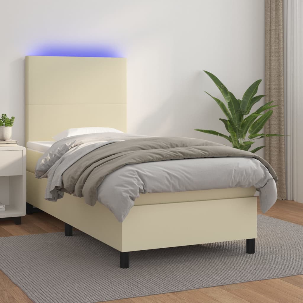 krémszínű műbőr rugós ágy matraccal és LED-del 100x200 cm