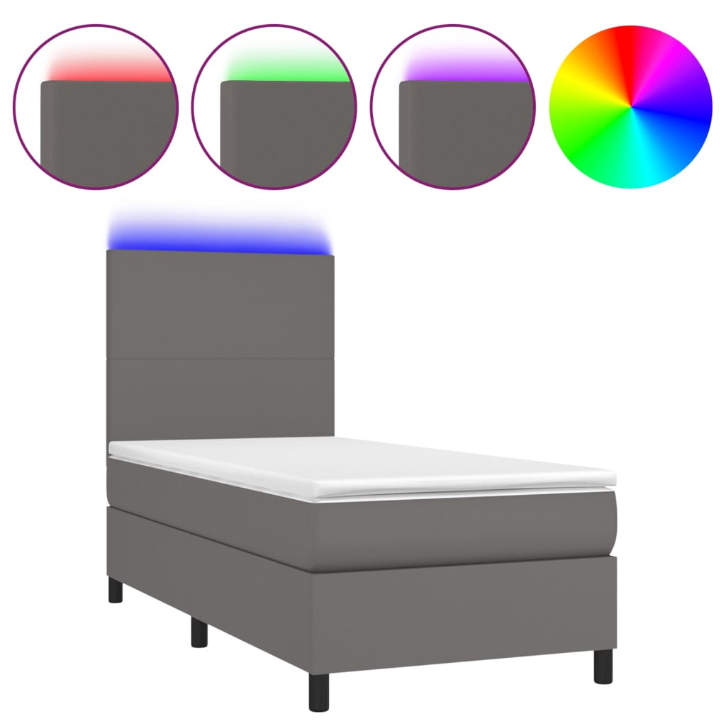 szürke műbőr rugós ágy matraccal és LED-del 100x200 cm