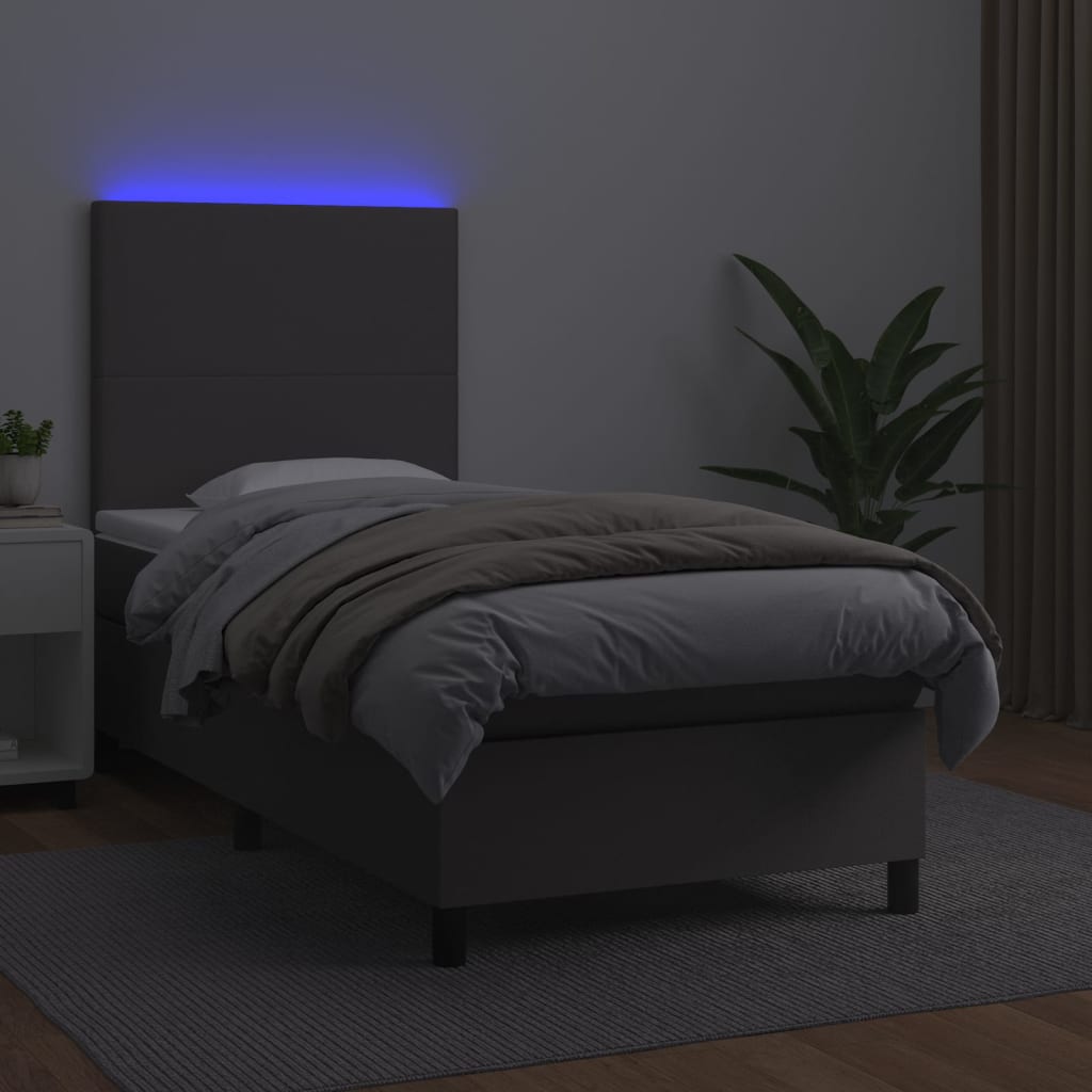 szürke műbőr rugós ágy matraccal és LED-del 100x200 cm