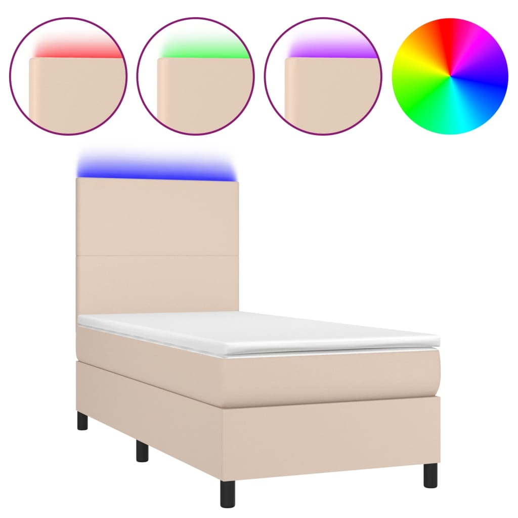 cappuccino színű műbőr rugós ágy matraccal és LED-del 100x200cm