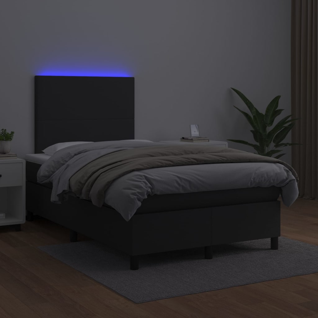 fekete műbőr rugós ágy matraccal és LED-del 120x200 cm