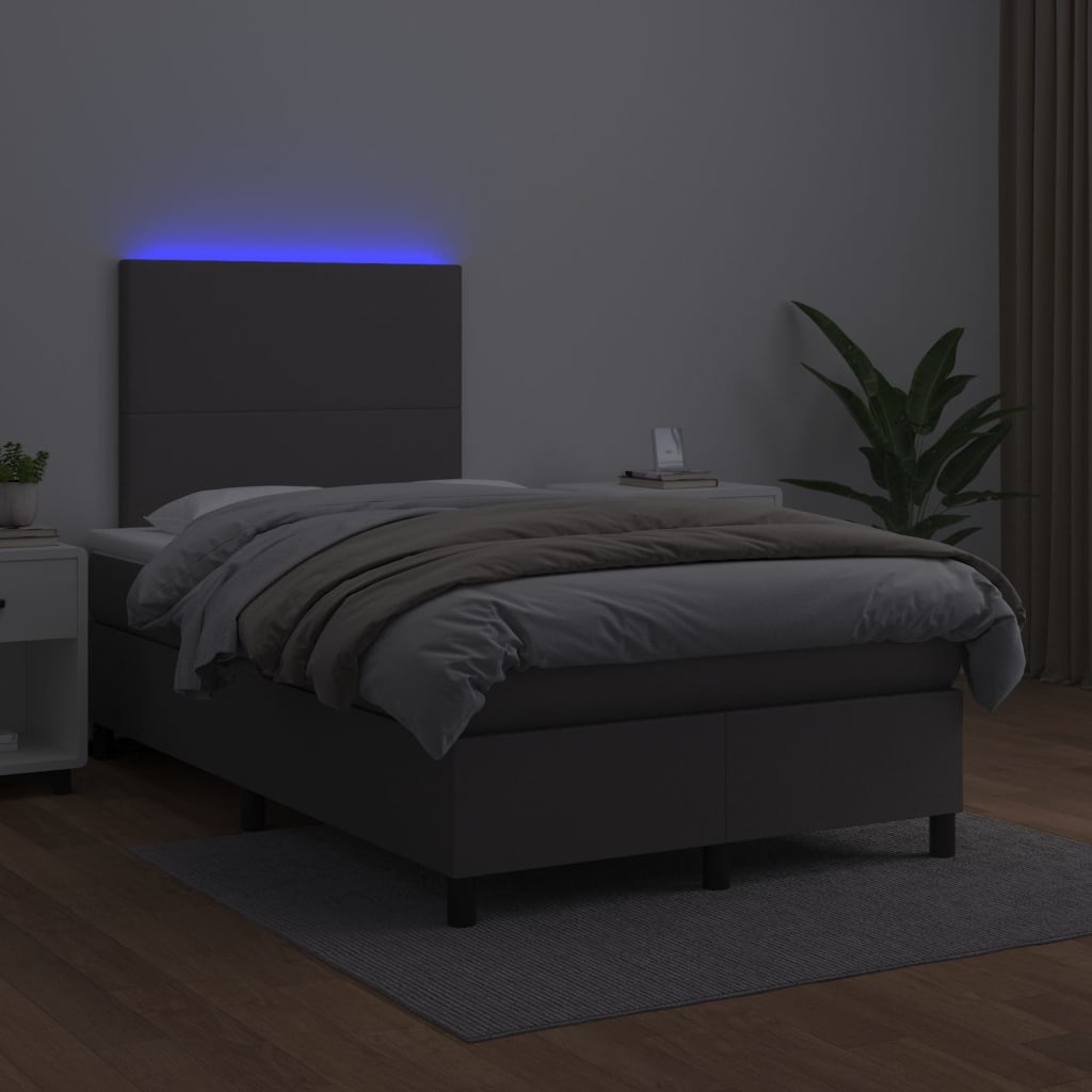 szürke műbőr rugós ágy matraccal és LED-del 120x200 cm