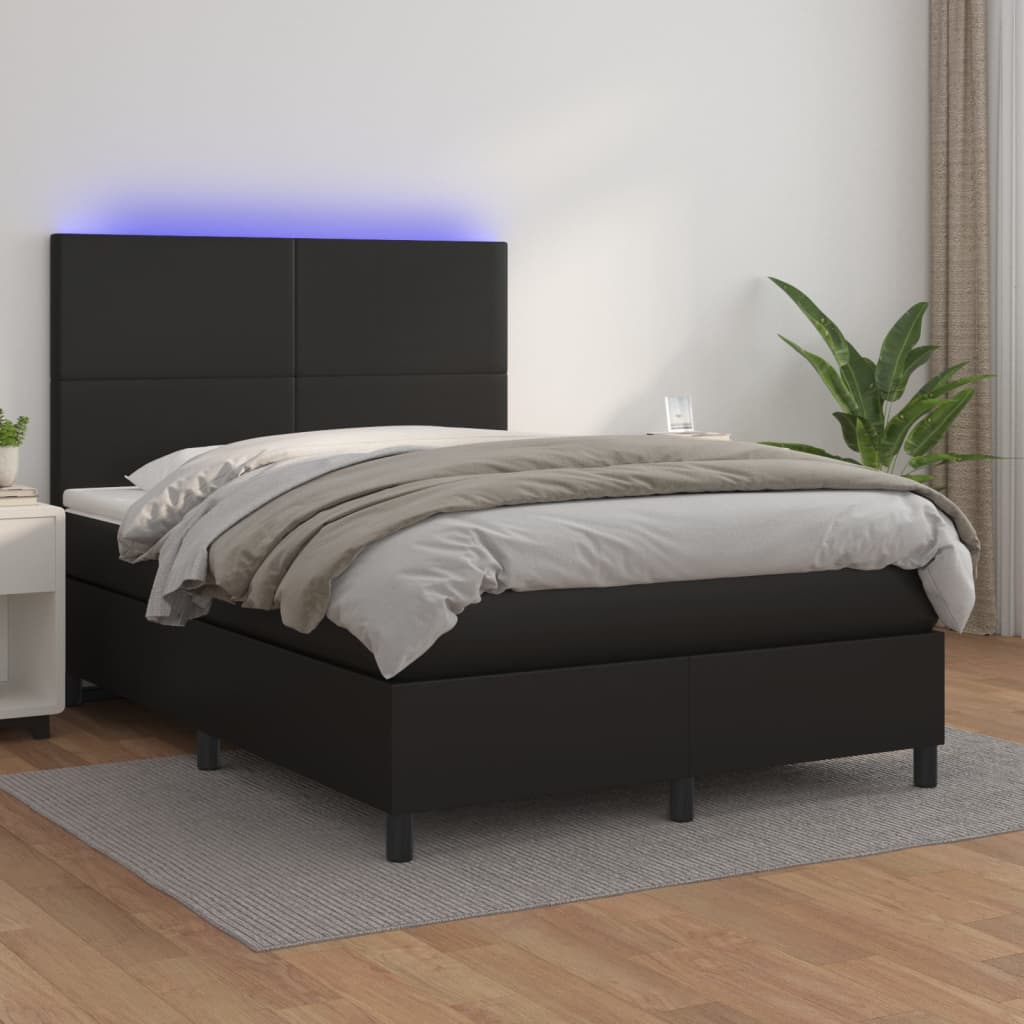 fekete műbőr rugós ágy matraccal és LED-del 140 x 190 cm