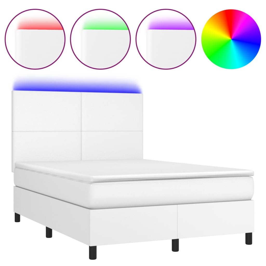 fehér műbőr rugós ágy matraccal és LED-del 140x190 cm