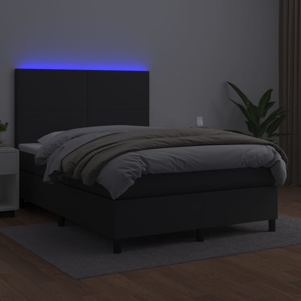 fekete műbőr rugós ágy matraccal és LED-del 140x200 cm