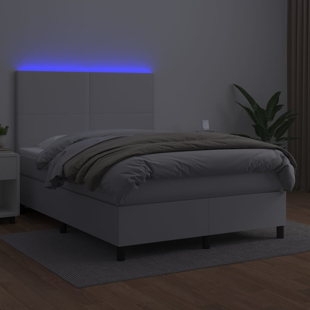 fehér műbőr rugós ágy matraccal és LED-del 140x200 cm
