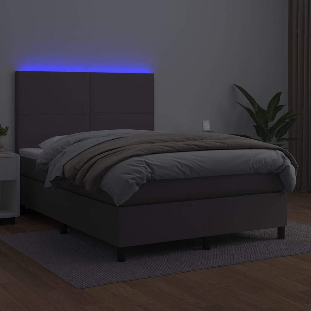 szürke műbőr rugós ágy matraccal és LED-del 140x200 cm