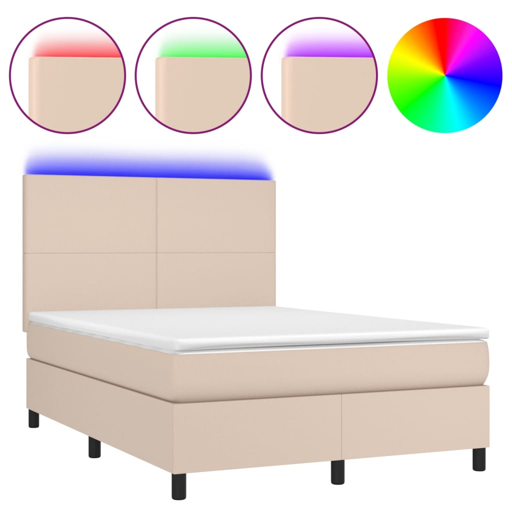cappuccino színű műbőr rugós ágy matraccal és LED-del 140x200cm