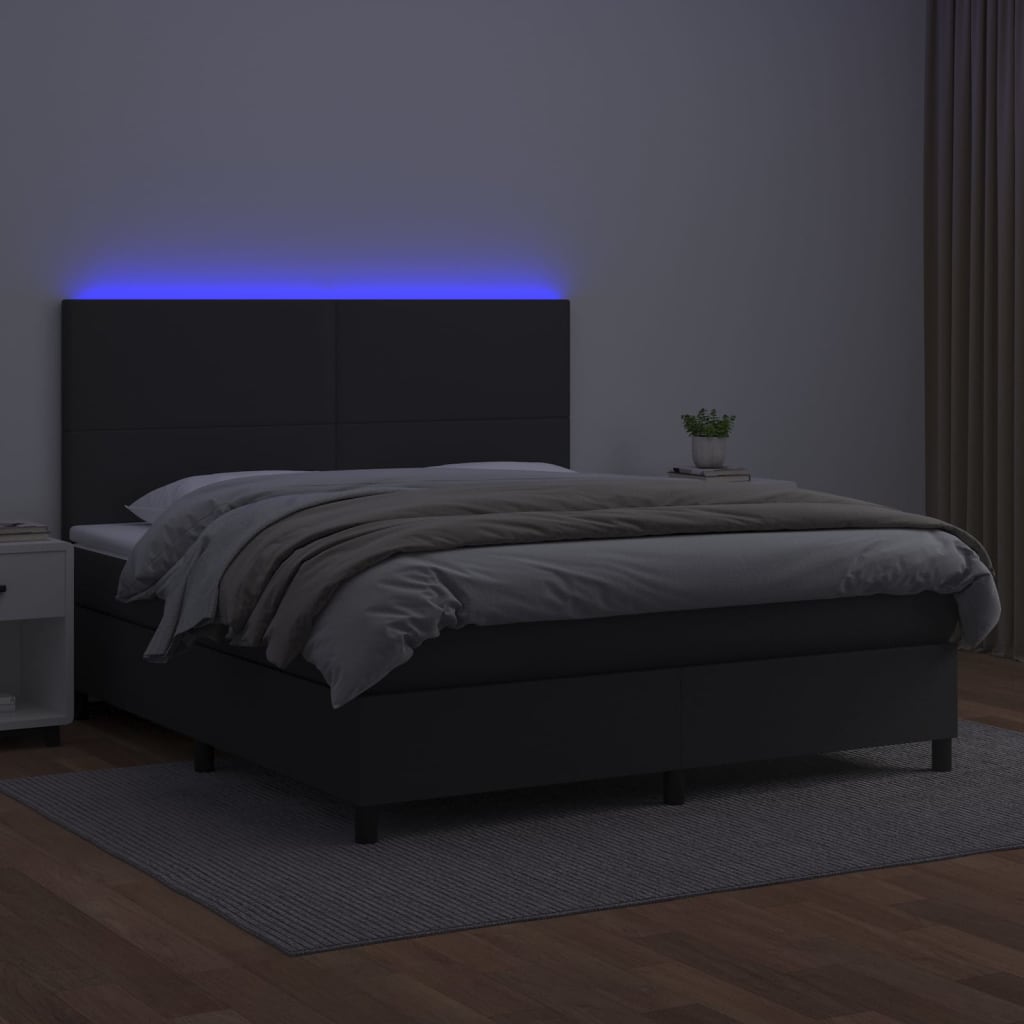 fekete műbőr rugós ágy matraccal és LED-del 160x200 cm