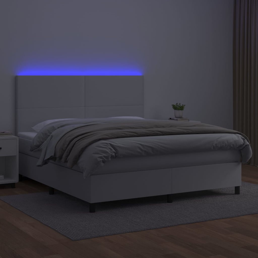 fehér műbőr rugós ágy matraccal és LED-del 160x200 cm