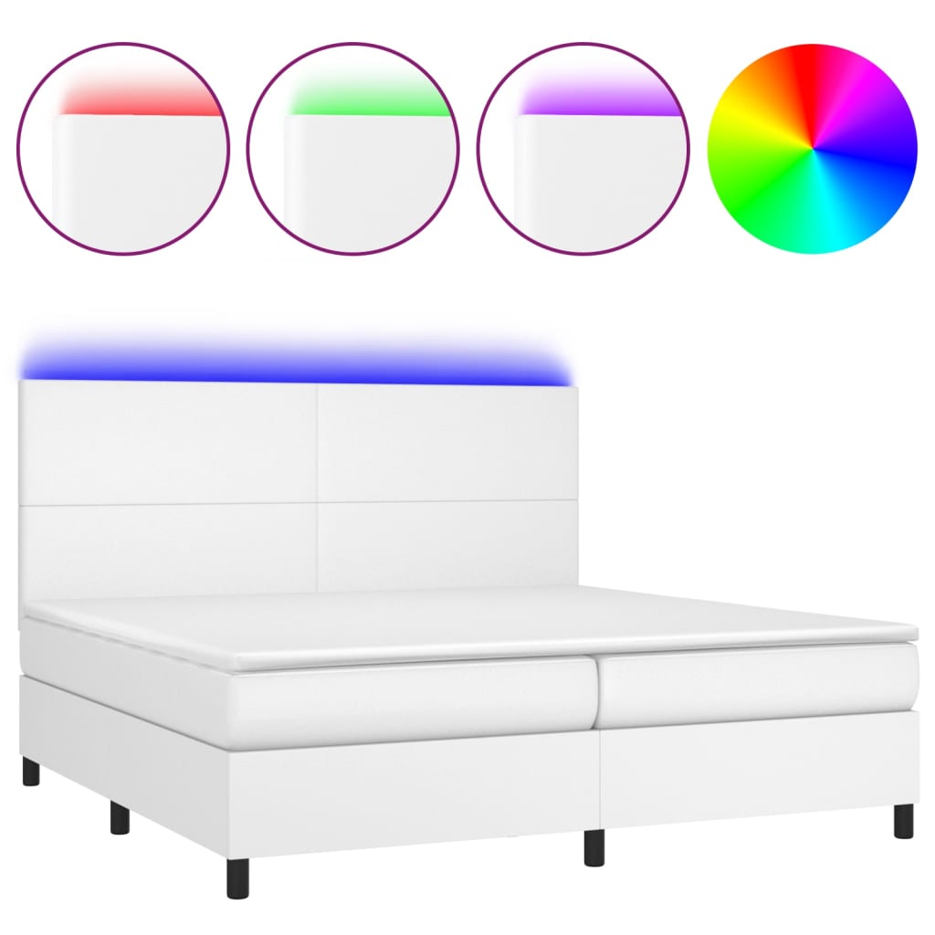 fehér műbőr rugós ágy matraccal és LED-del 200x200 cm