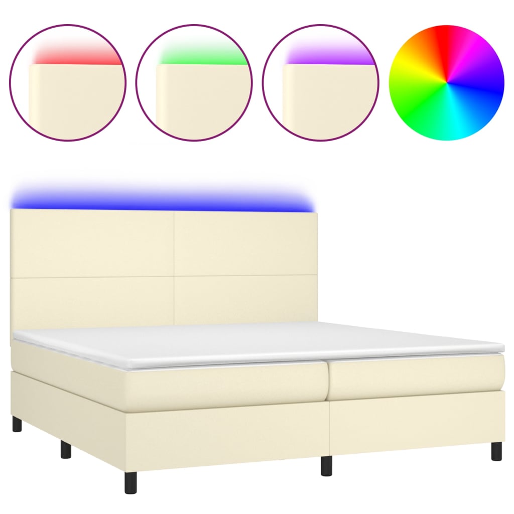 krémszínű műbőr rugós ágy matraccal és LED-del 200x200 cm
