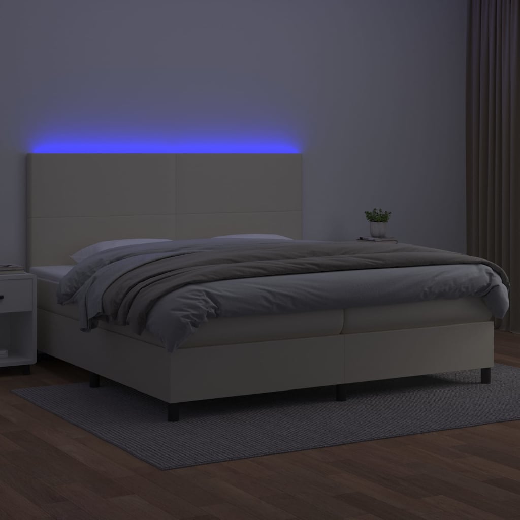 krémszínű műbőr rugós ágy matraccal és LED-del 200x200 cm