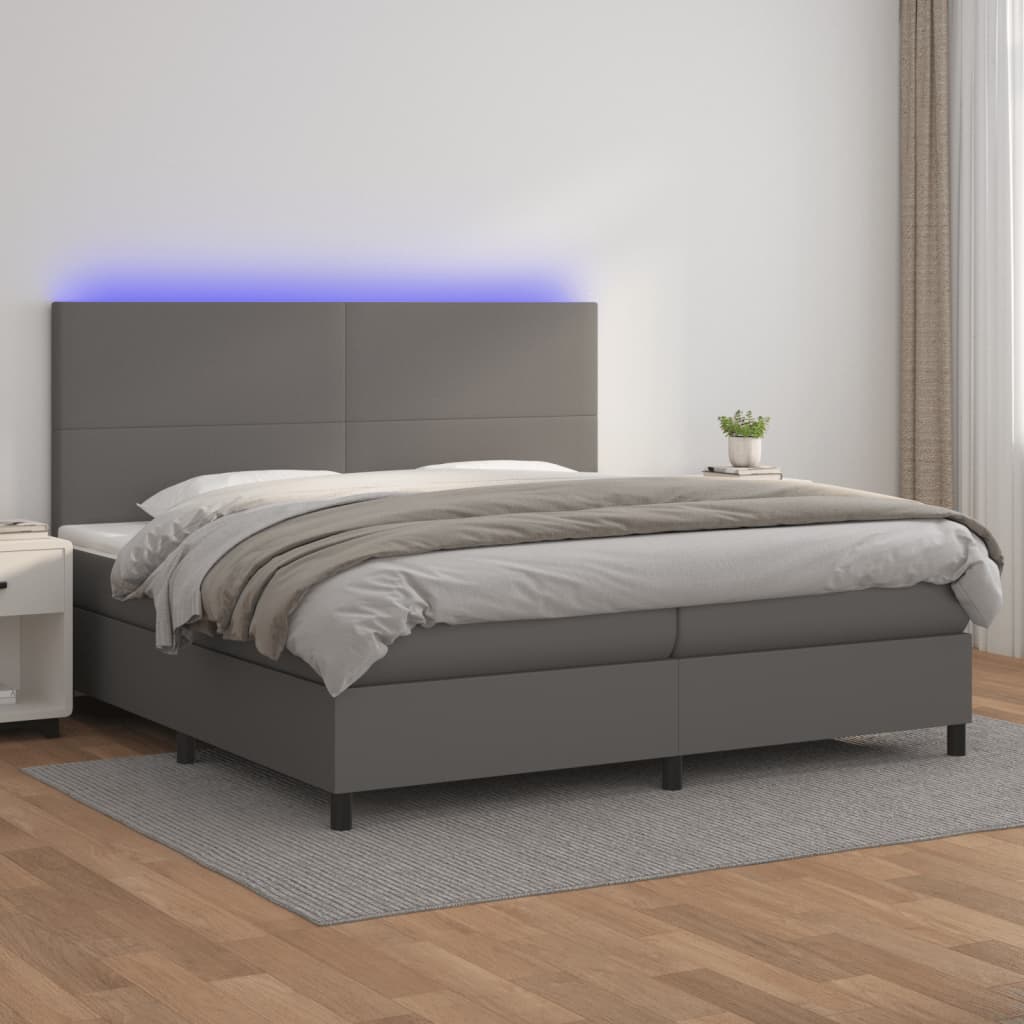 szürke műbőr rugós ágy matraccal és LED-del 200x200 cm