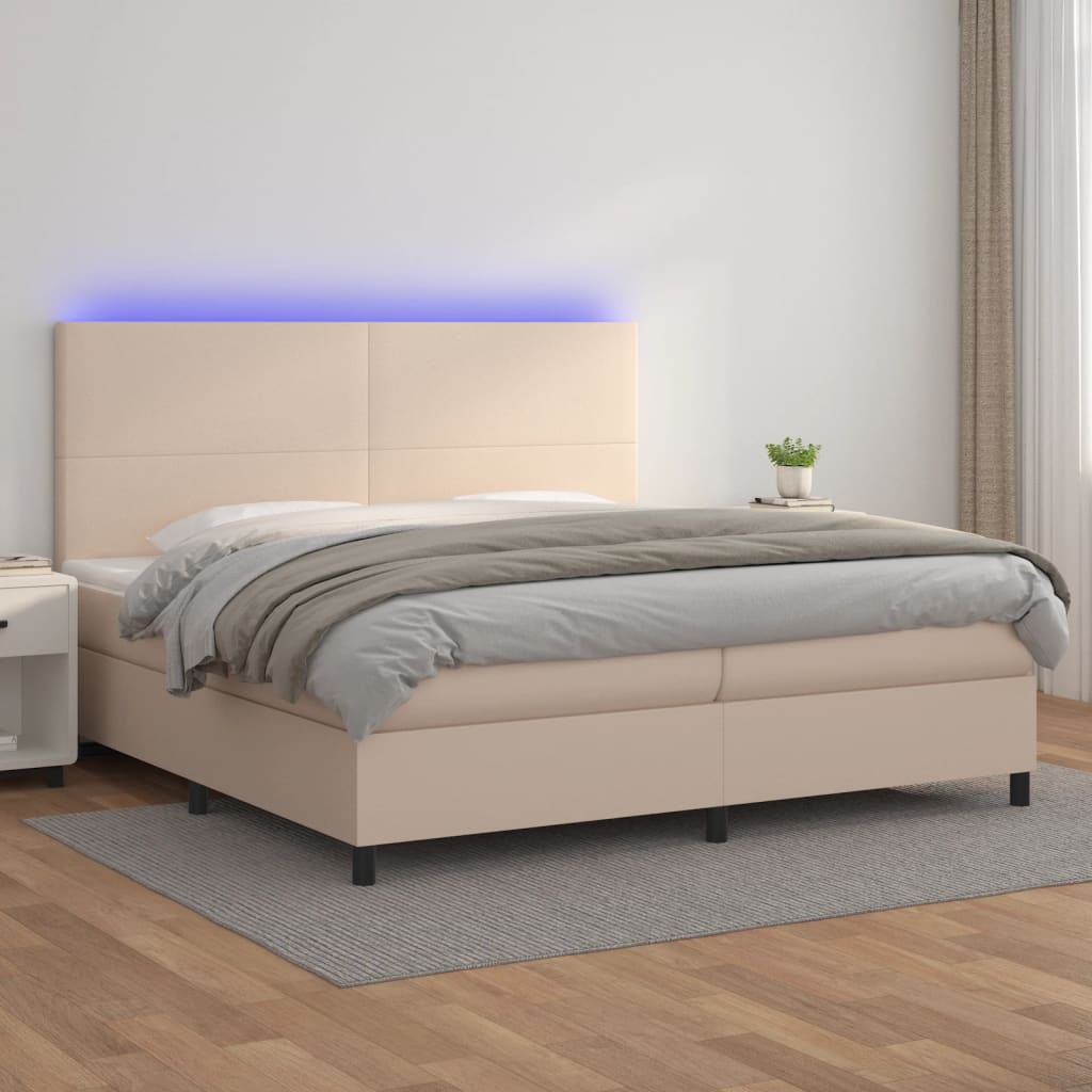 cappuccino színű műbőr rugós ágy matraccal és LED-del 200x200cm