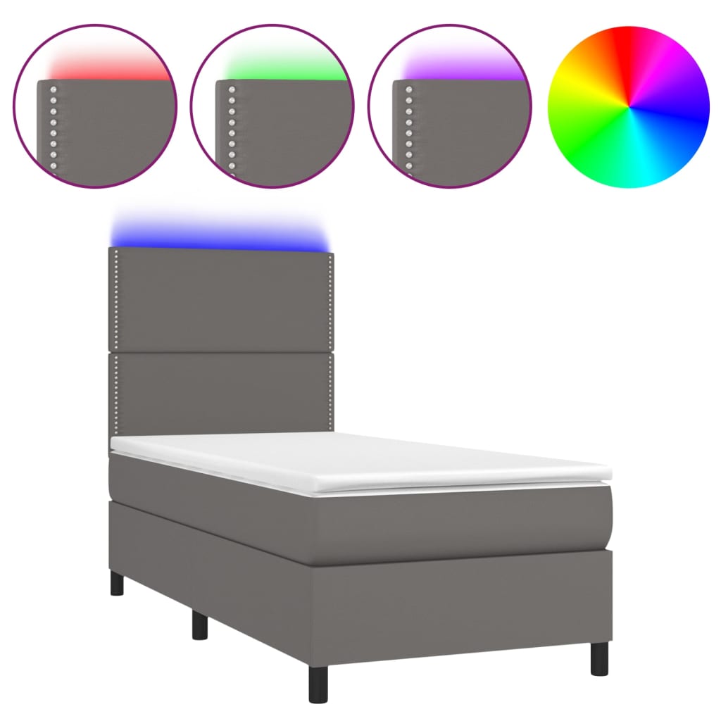 szürke műbőr rugós ágy matraccal és LED-del 90x190 cm