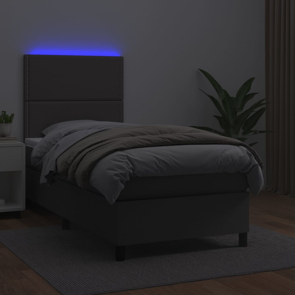 szürke műbőr rugós ágy matraccal és LED-del 90x190 cm