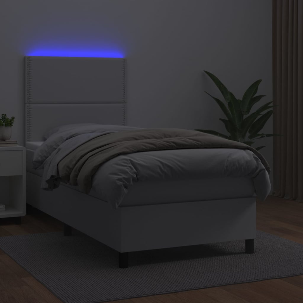 fehér műbőr rugós ágy matraccal és LED-del 100x200 cm