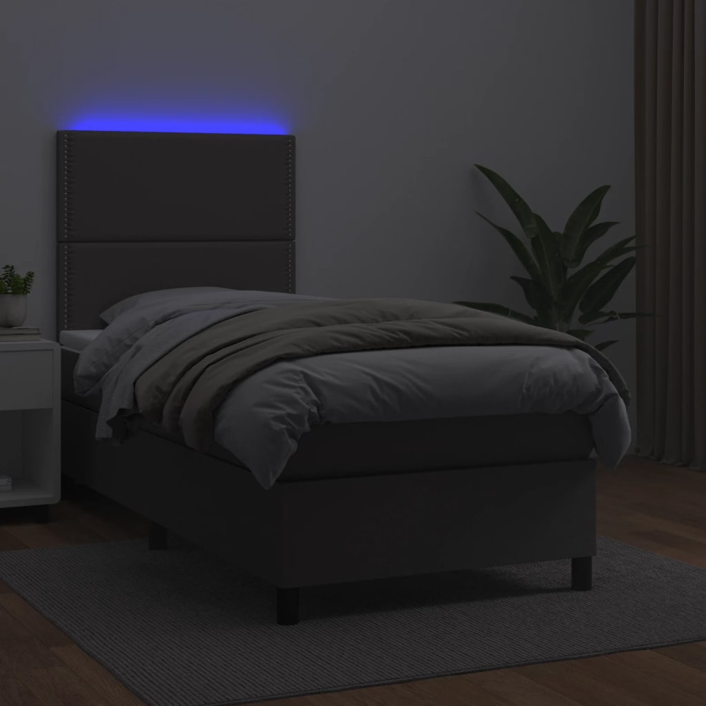 szürke műbőr rugós ágy matraccal és LED-del 100x200 cm