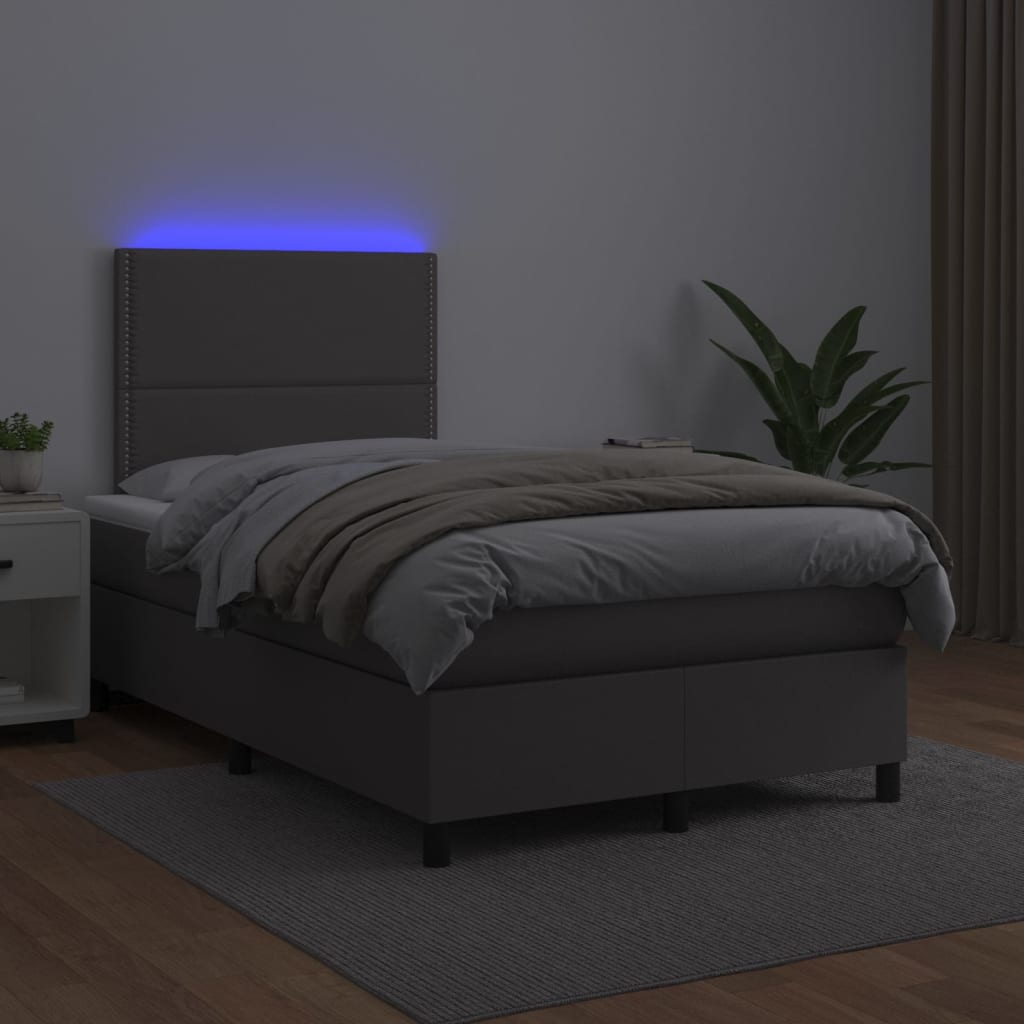 szürke műbőr rugós ágy matraccal és LED-del 120x200 cm
