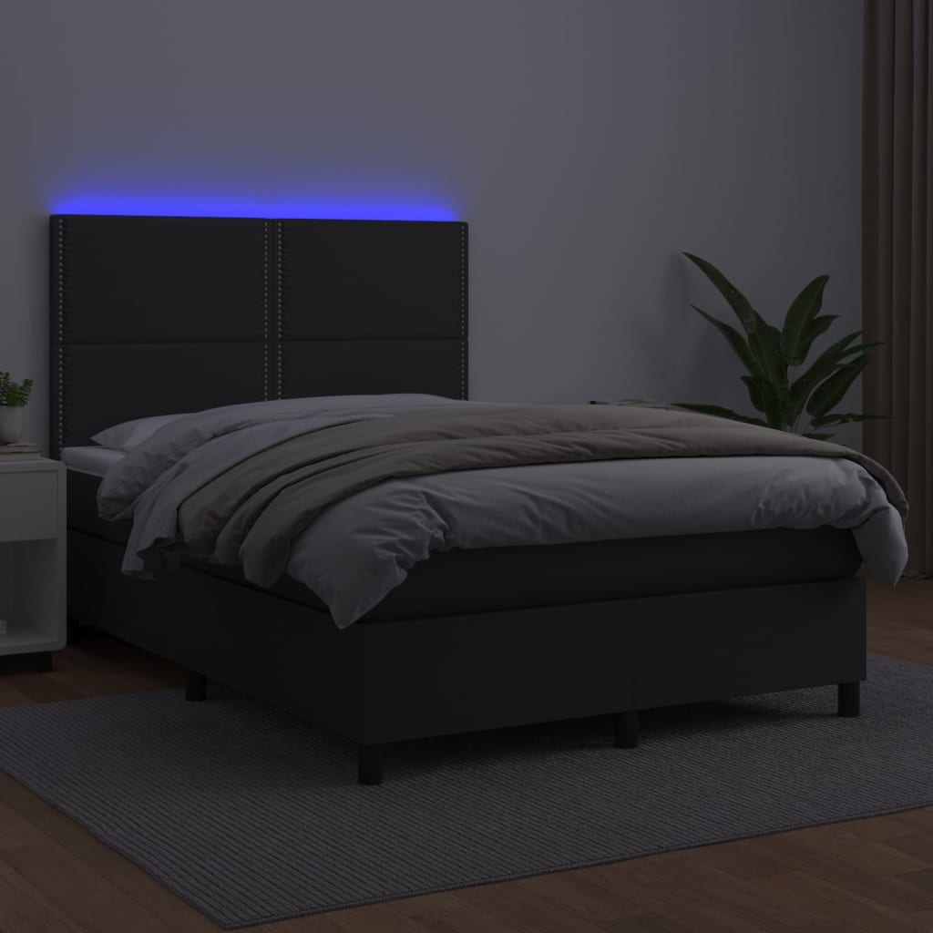 fekete műbőr rugós ágy matraccal és LED-del 140 x 190 cm