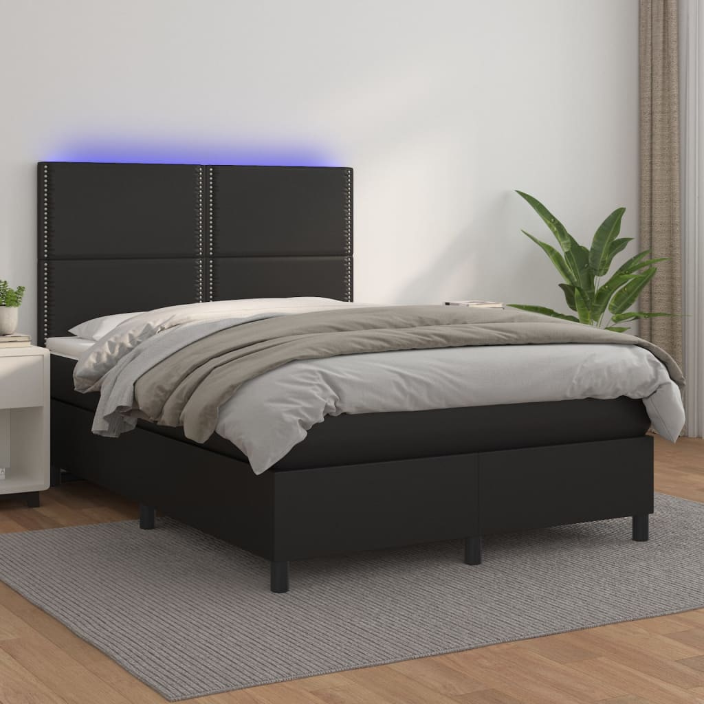 fekete műbőr rugós ágy matraccal és LED-del 140 x 190 cm