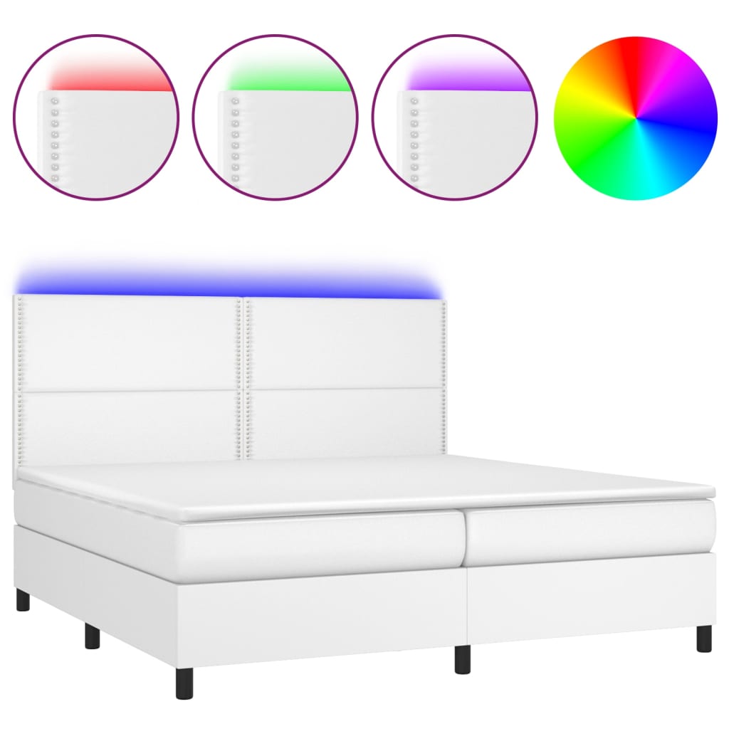 fehér műbőr rugós ágy matraccal és LED-del 200x200 cm