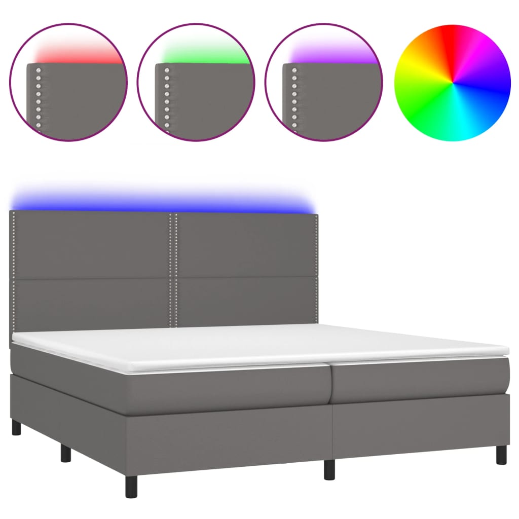 szürke műbőr rugós ágy matraccal és LED-del 200x200 cm