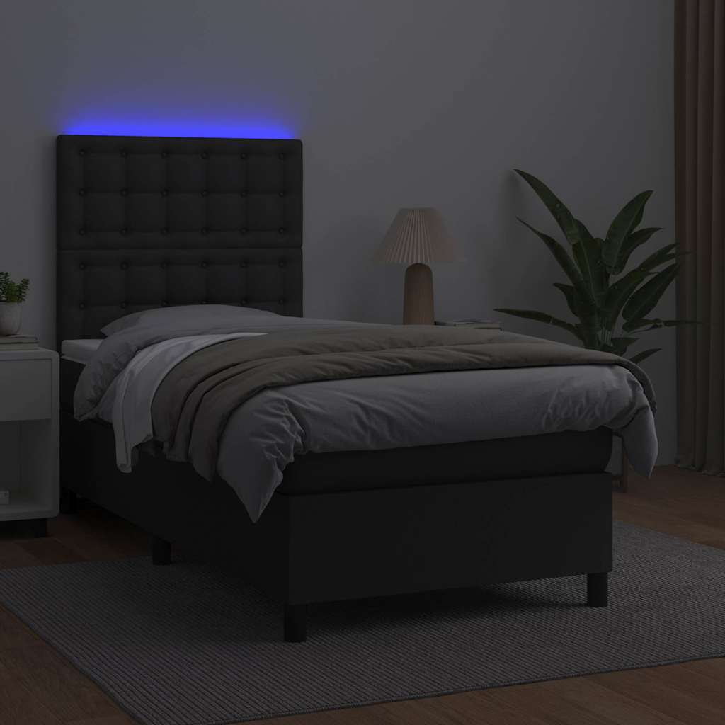 fekete műbőr rugós ágy matraccal és LED-del 80 x 200 cm